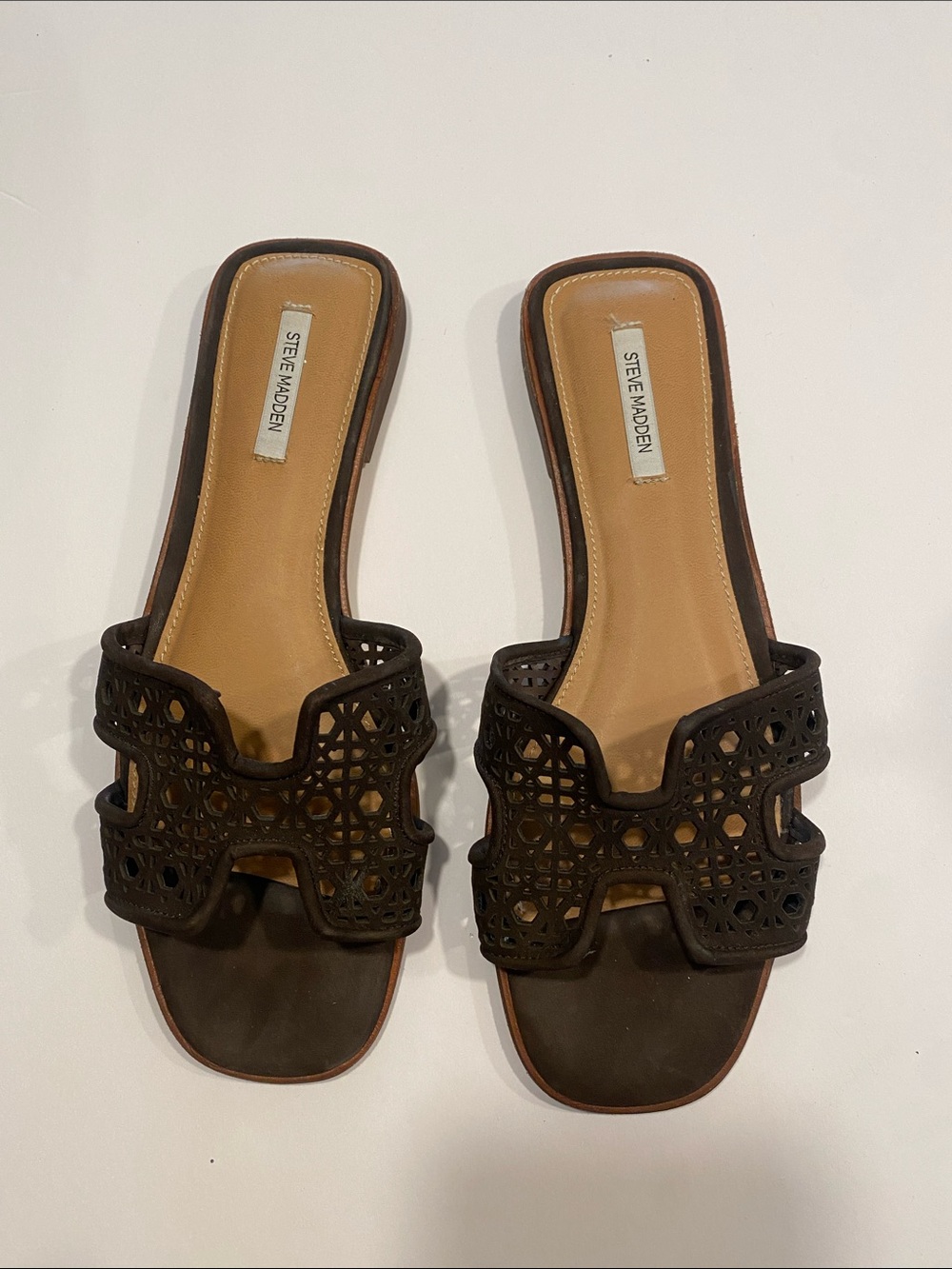 Steve Madden Dark Brown Laser-Cut Slide Sandals size 10 brand new